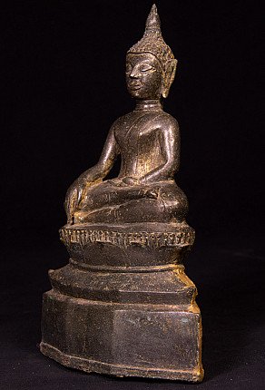 Thai bronze Buddha statue on base, three-quarter view showing right side and hands