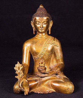 Medicine Buddha statue in bronze from Nepal, seated with bowl in hand, front view