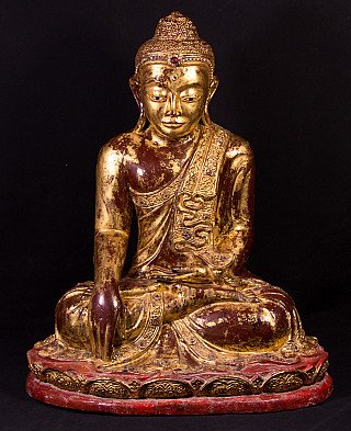 Wooden Mandalay Buddha statue from Burma (Myanmar), seated in bhumisparsha mudra, full front view