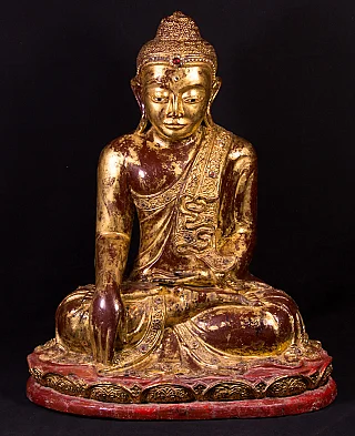 Hölzerne Mandalay-Buddha-Statue aus Burma (Myanmar), sitzend in Bhumisparsha-Mudra, Frontalansicht