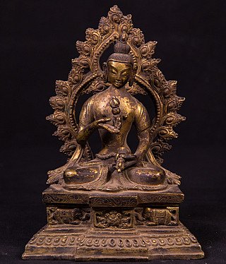 Nepalese bronzen Vajrasattva, zittend op versierde sokkel met aureool, vooraanzicht