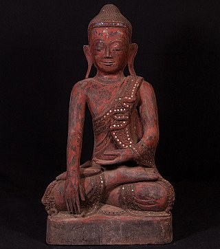 Wooden Mandalay Buddha statue from Burma (Myanmar), seated in bhumisparsha mudra, full front