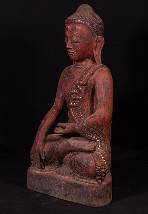 Mandalay Buddha statue from Burma (Myanmar) in wood, seated, three-quarter left view
