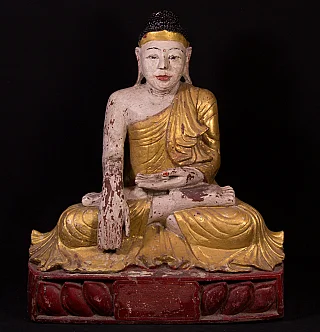Wooden Mandalay Buddha statue from Burma (Myanmar), seated in bhumisparsha mudra, full front