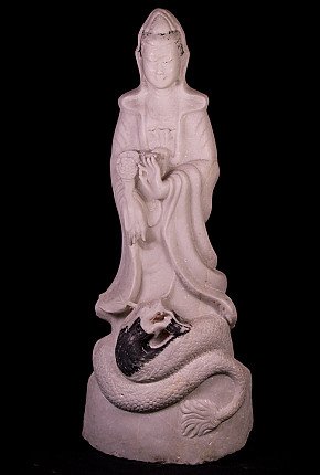 Guan Yin statue in marble from Burma (Myanmar), standing full front on coiled serpent base