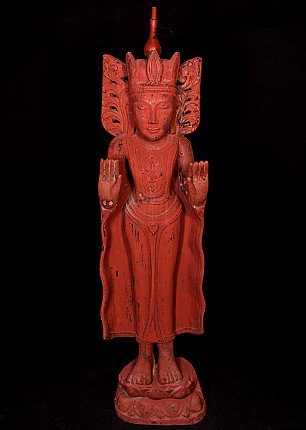 Gekrönte Buddha-Statue aus Holz aus Myanmar, stehend mit Abhaya-Mudra, Frontalansicht