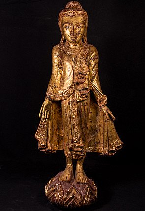 Stehende Buddha-Statue aus Holz aus Birma (Myanmar), vergoldet wirkend, Frontalansicht