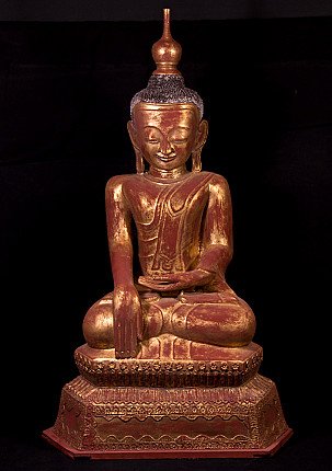 Große Ava-Buddha-Statue aus Myanmar (Lackarbeit), sitzend in Bhūmisparśa-Mudrā, Frontalansicht