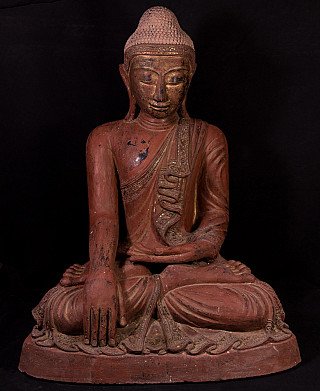 Mandalay-Buddha-Statue aus Myanmar in Lackarbeit, sitzend in Bhūmisparśa-Mudrā, frontal