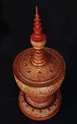 Burmese lacquerware offering vessel, top-angled view highlighting the lid finial