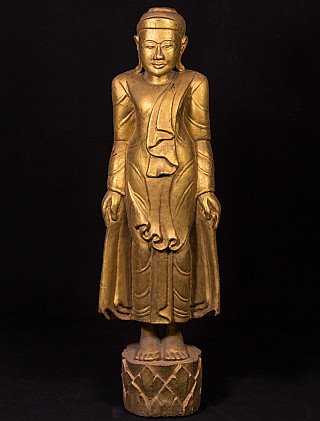 Standing wooden Mandalay Buddha statue from Burma (Myanmar), full front view on base