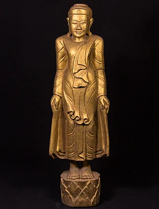 Stehende hölzerne Buddha-Statue der Mandalay-Zeit aus Burma (Myanmar), Frontalansicht