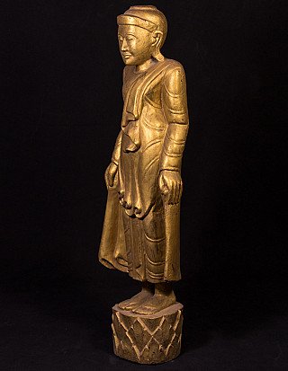 Wooden standing Mandalay Buddha statue from Burma (Myanmar), three-quarter left view