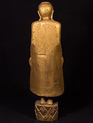 Standing wooden Mandalay Buddha statue from Burma (Myanmar), rear view with worn gilding