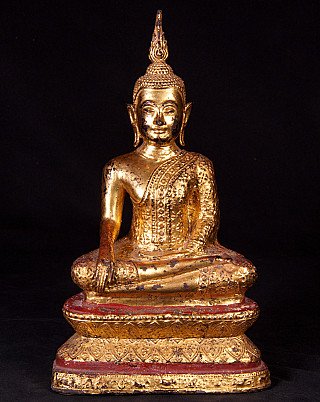Thai bronze Buddha statue in bhumisparsha mudra, seated on red and gilt base, front view