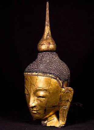 Boeddhahoofd uit Myanmar in driekwartaanzicht, met lang oor en vergulde afwerking