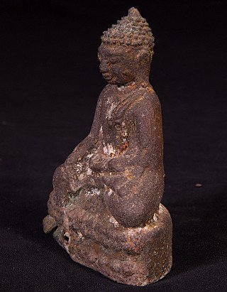 Bronze Buddha statue from Bagan period, three-quarter view showing the base and patina