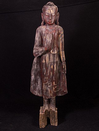 Wooden Buddha statue from Burma (Myanmar), Mandalay style, full front view with raised right hand