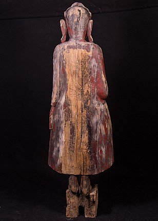 Wooden Buddha statue from Burma, rear view showing vertical wood grain on the back