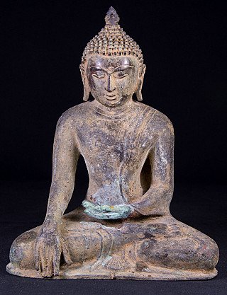 Bronze Pagan Buddha statue from Myanmar, seated in bhumisparsha mudra, full front view