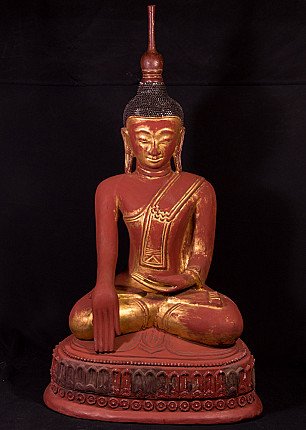 Burmese Ava Buddha statue in lacquerware, seated in bhumisparsha mudra, full-front view