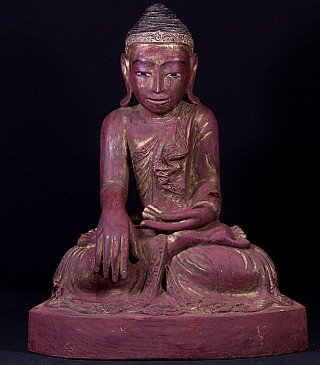 Burmese wooden Buddha statue seated in bhumisparsha mudra, full front view with red and gold finish