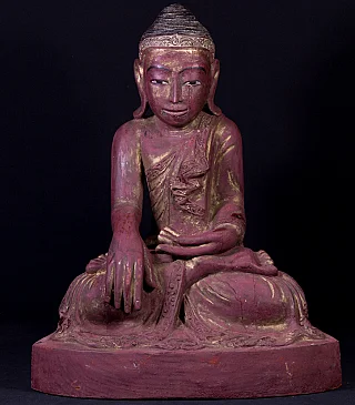 Birmanische Buddha-Statue aus Holz in Bhumisparsha-Mudra, Frontalansicht, rot-goldene Fassung