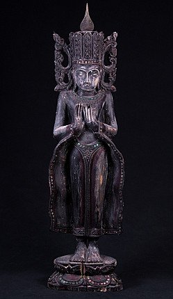 Gekrönte stehende Buddha-Statue aus Holz aus Burma, Frontalansicht mit Dharmachakra-Mudra