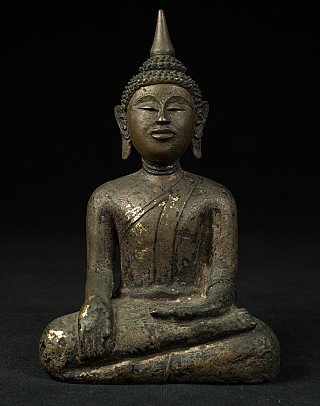 Antique Thai Buddha statue in bronze, full front view with bhumisparsha mudra