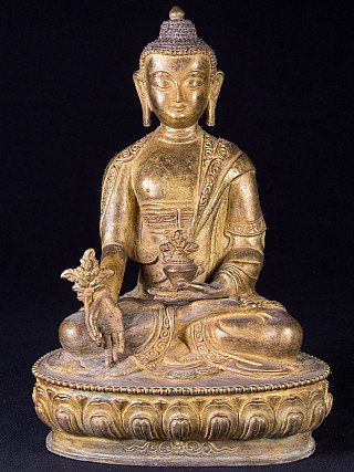 Vergoldete nepalesische Bronze-Statue des Medizinbuddha, Frontalansicht auf Lotussockel