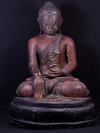 Mandalay-Buddha-Statue aus Burma (Lackarbeit), sitzend in Bhūmisparśa-Mudra, Frontalansicht