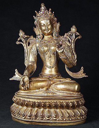 White Tara statue in bronze from Nepal, full front view on lotus base