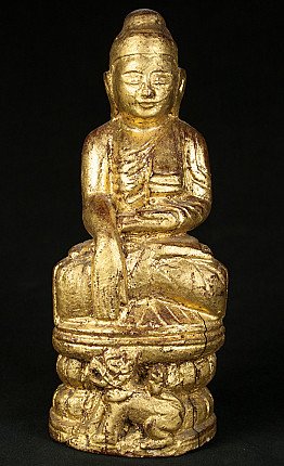 Antike burmesische Holz-Buddha-Statue, sitzend in Bhumisparsha-Mudra, Frontalansicht