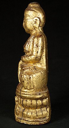 Burmesische Holz-Buddha-Statue, sitzend, linke Seitenansicht mit Sockel