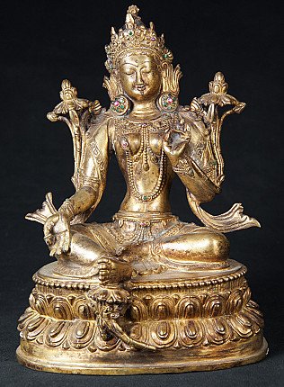 Nepalesische Bronze-Statue der Grünen Tara, sitzend auf Lotussockel, Frontalansicht mit Krone und Einlagen