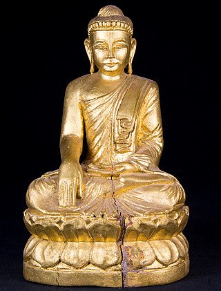 Vergoldete Holz-Buddha-Statue aus Burma, sitzend in Bhūmisparśa-Mudrā, Vorderansicht