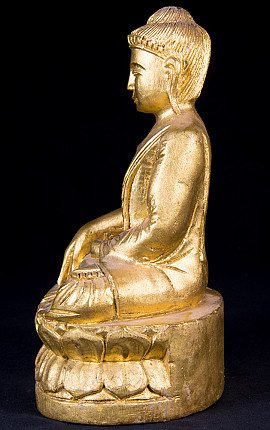 Hölzerne Buddha-Statue aus Burma auf Lotussockel, linke Seitenansicht