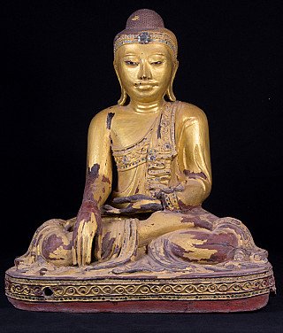 Wooden Mandalay Buddha statue from Burma (Myanmar), seated in bhumisparsha mudra, full front