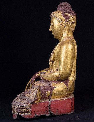Wooden Buddha statue from Burma (Myanmar), Mandalay style, seated, left side profile