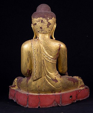 Seated wooden Mandalay Buddha statue from Burma (Myanmar), rear view with draped robe