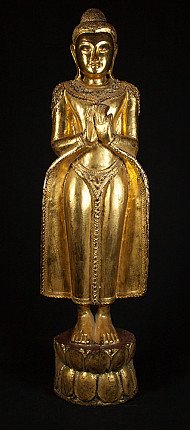 Stehende Buddha-Statue aus Holz aus Burma (Myanmar), Frontalansicht mit Dharmachakra-Mudra und Lotussockel