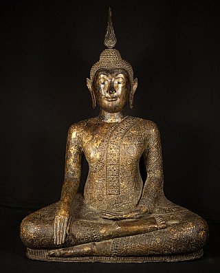 Antique Thai bronze Buddha statue seated in bhumisparsha mudra, full front view