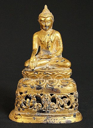 Bronzenes Pagan-Buddha-Standbild aus Myanmar, sitzend in Bhumisparsha-Mudra, Frontansicht