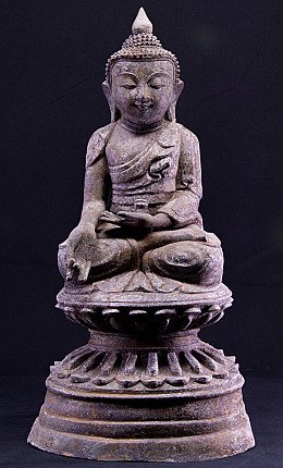 Bronze Shan Buddha statue from Myanmar, seated on lotus base, full front view
