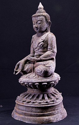 Shan bronze Buddha statue from Myanmar, three-quarter view showing varada mudra