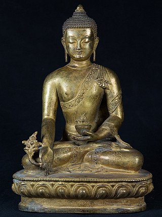 Nepalesische Medizinbuddha-Bronzestatue, sitzend mit Varada-Mudra, Frontalansicht auf Lotussockel