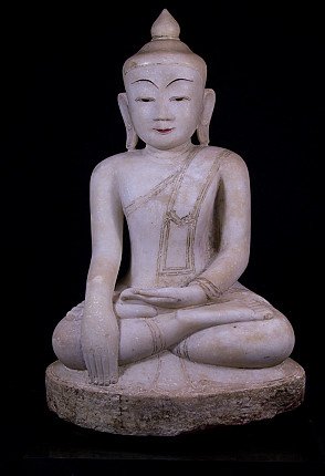 Marble Ava Buddha statue from Burma seated in bhumisparsha mudra, full front view