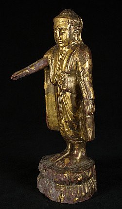 Mandalay-Buddha-Statue aus Myanmar, Holz mit Vergoldung, Dreiviertelansicht mit ausgestrecktem Arm
