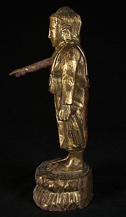 Stehende Buddha-Statue aus Holz im Mandalay-Stil, Seitenansicht mit ausgestrecktem Arm