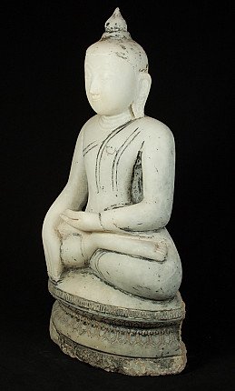 Marble Buddha statue from Burma, seated, three-quarter left view with carved base